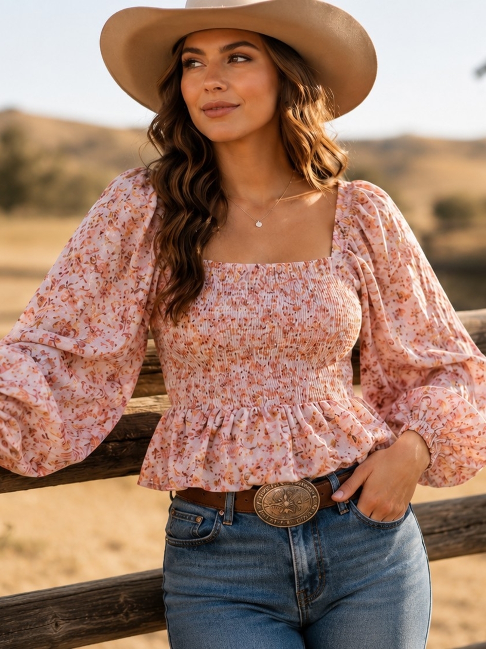 Smocked Square-Neck Blouse in Blush Floral